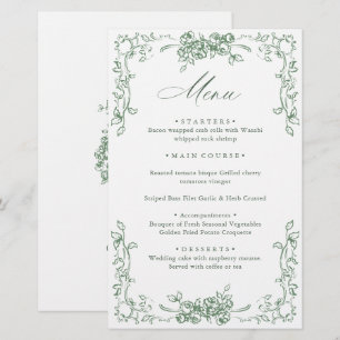 Cardápio de Casamento Floral Verde Sage Ornado Ren