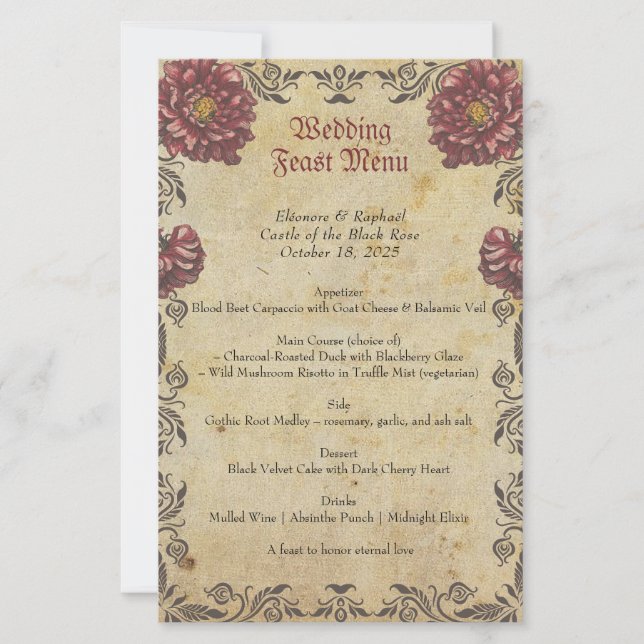 Cardápio de Casamento Gótico com Floral Escuro e V (Frente)