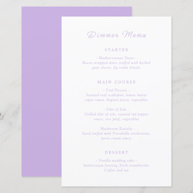 Cardápio de Casamento Lilás Clássico Atemporal (Frente/Verso)