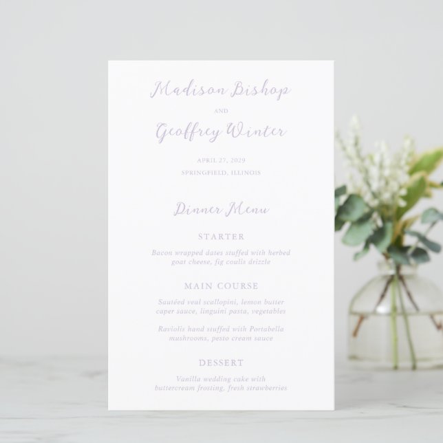 Cardápio de Casamento Lilás com Letra Negrito (Em pé/Frente)