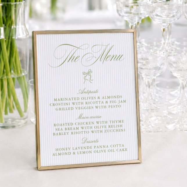 Cardápio de Casamento Listrado em Verde Sage Cláss (Classic Sage Green & Blue Striped Wedding Menu)