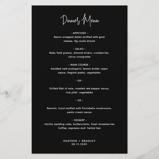 Cardápio de Casamento Minimalista Preto Moderno (Frente)