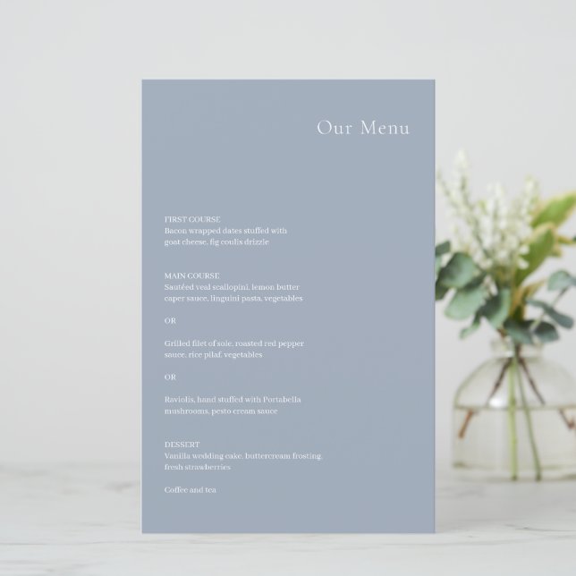 Cardápio de Casamento Moderno Azul Empoeirado com  (Em pé/Frente)