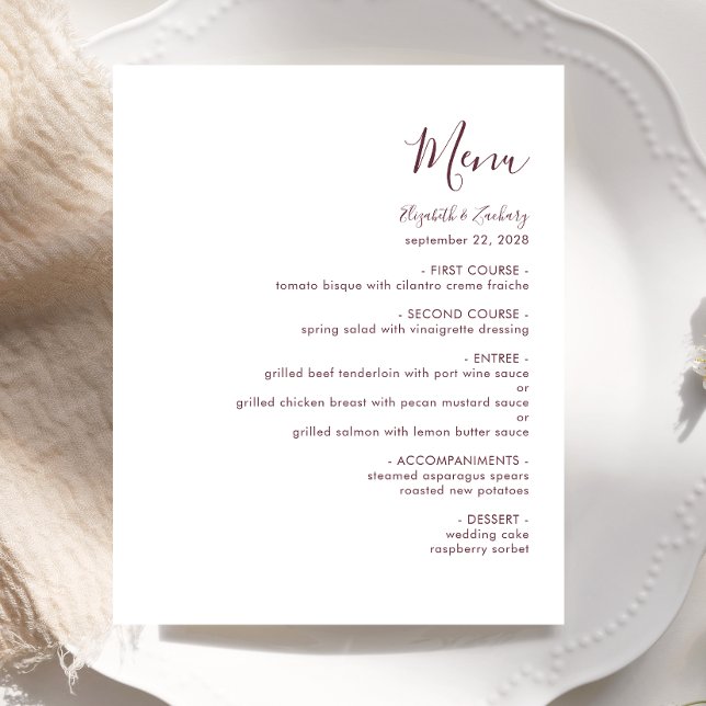 Cardápio de Casamento Moderno em Script Bordeaux (Criador carregado)