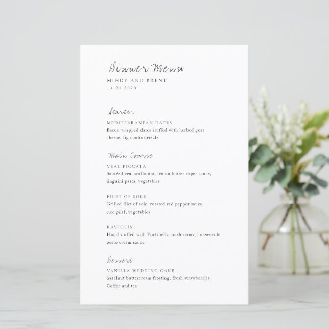 Cardápio de Casamento Moderno Preto e Branco Minim (Em pé/Frente)