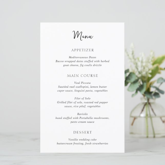 Cardápio de Casamento Moderno Simples Preto e Bran (Em pé/Frente)