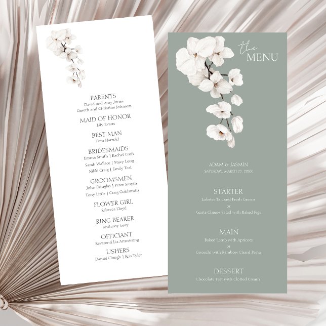 Cardápio de Casamento Orquídea Branca Verde Sage M (Modern Sage Green White Orchids Wedding Menu Cards)