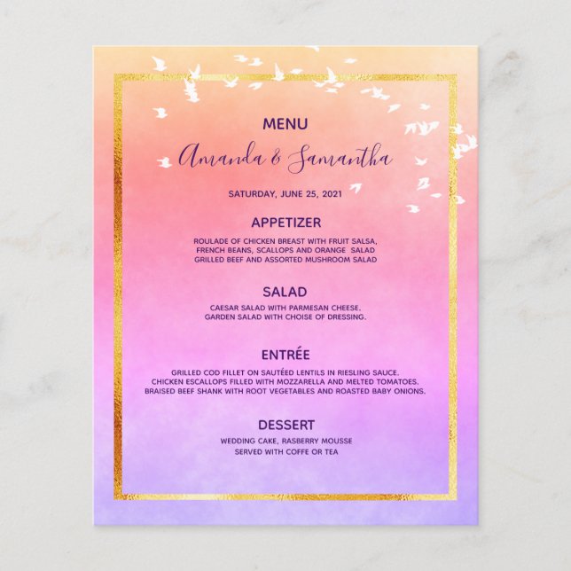 Cardápio de Casamento pastéis arco-íris violeta pê (Frente)