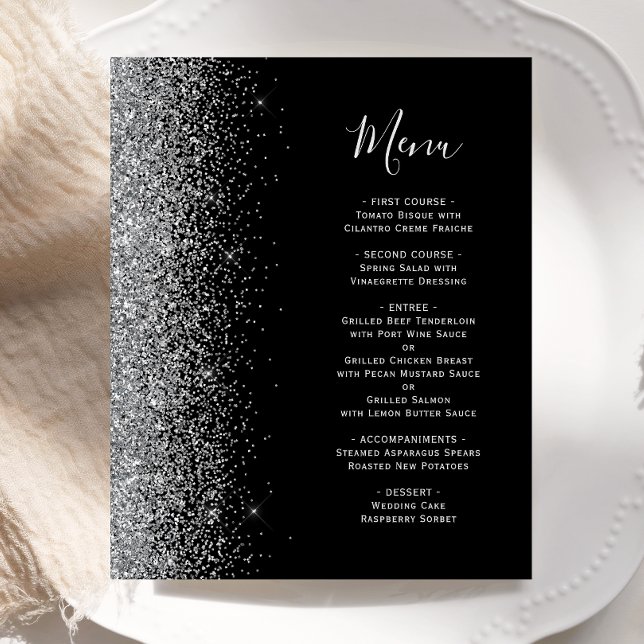 Cardápio de Casamento Preto com Brilho Prateado na (Criador carregado)