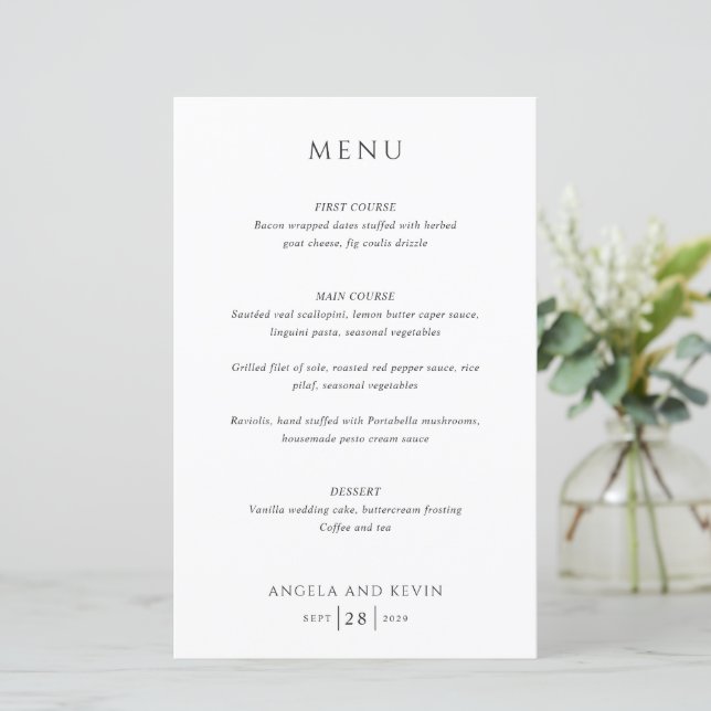 Cardápio de Casamento Preto e Branco Moderno (Em pé/Frente)
