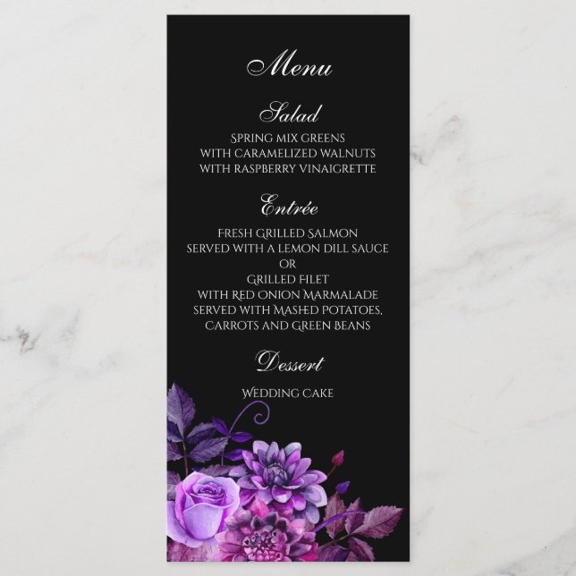 Cardápio de casamento preto. Menu janto floral rox (Frente)