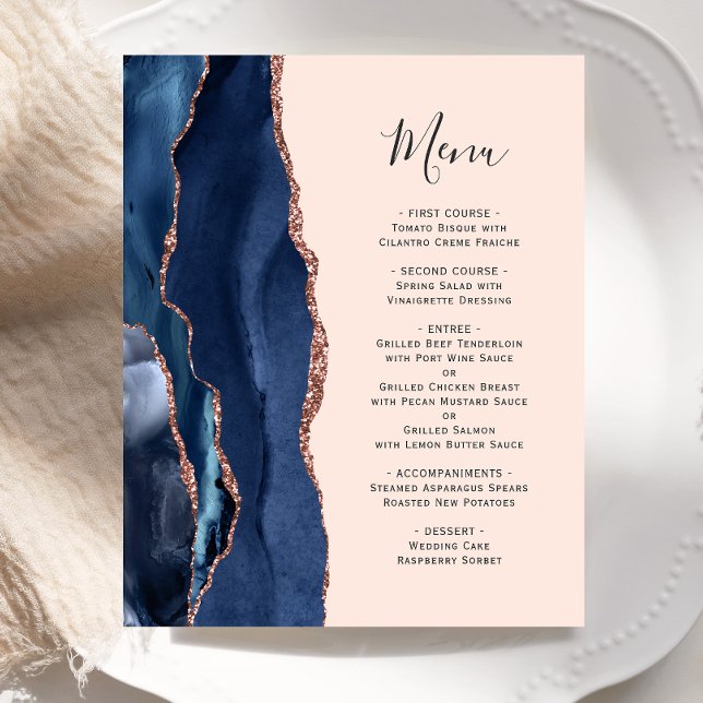 Cardápio de Casamento Rosa Dourado Ágata Navy Orça (Criador carregado)