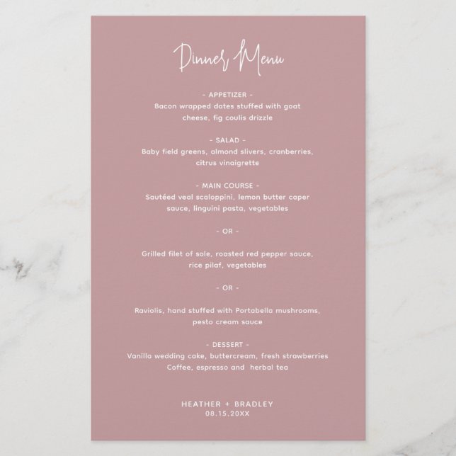 Cardápio de Casamento Rosa Minimalista Moderno (Frente)