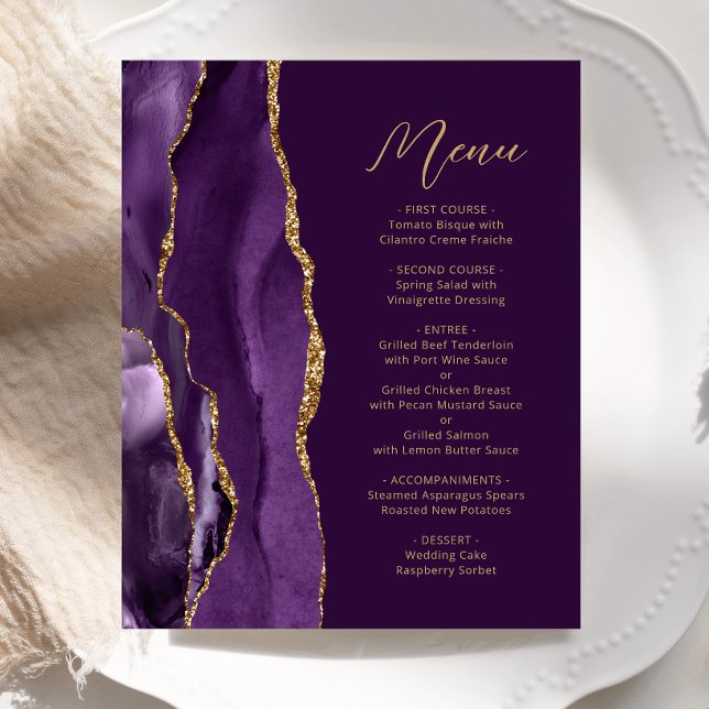 Cardápio de Casamento Roxo Dourado Ágata Script Am (Criador carregado)