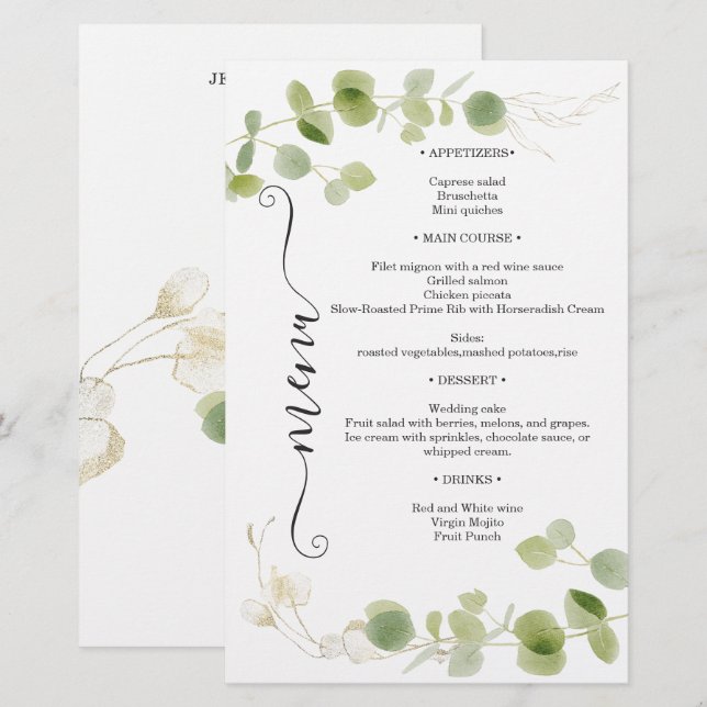 Cardápio de Casamento Rústico Chic Eucalipto Doura (Frente/Verso)