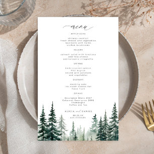 Cardápio de casamento rústico com árvores de pinhe