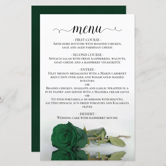 Cardápio de Casamento Simples com Rosa Verde Esmer (Frente/Verso)