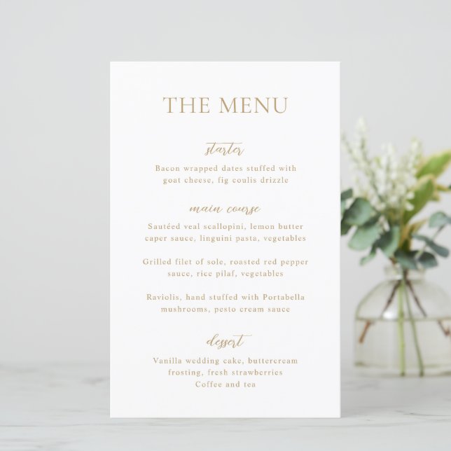 Cardápio de Casamento Simples em Ouro Moderno (Em pé/Frente)