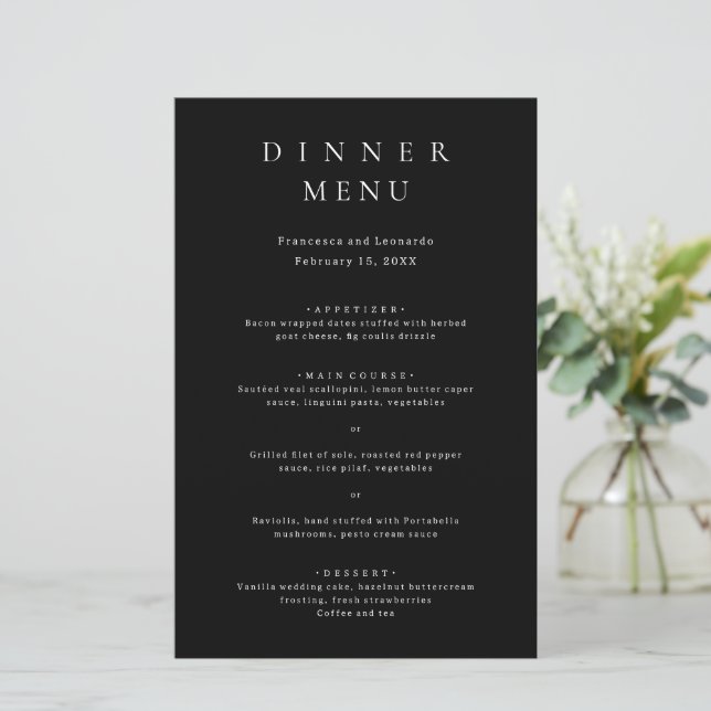 Cardápio de Casamento Simples Preto Clássico (Em pé/Frente)