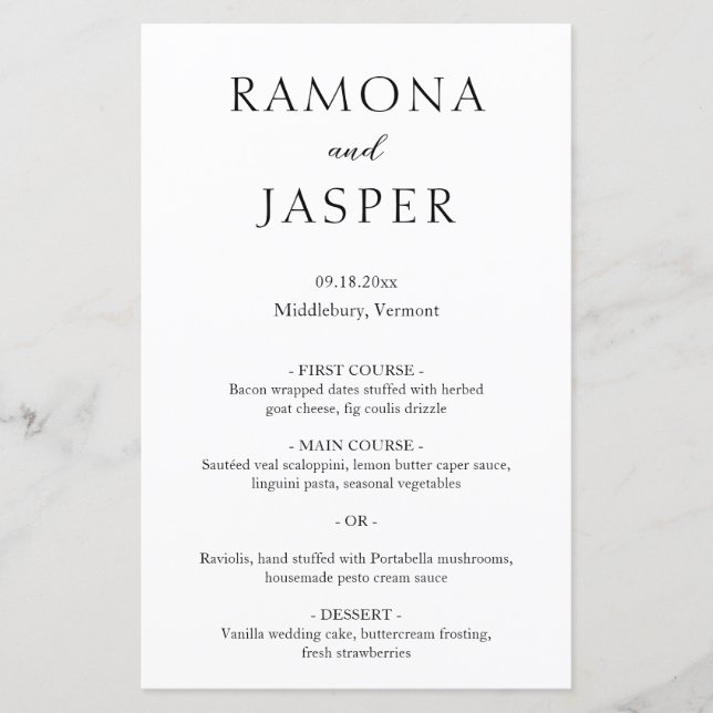 Cardápio de Casamento Simples Preto e Branco Moder (Frente)