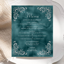 Cardápio de Casamento Vintage em Prata e Azul Turq