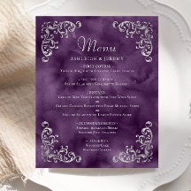 Cardápio de Casamento Vintage Prata Roxo Econômico