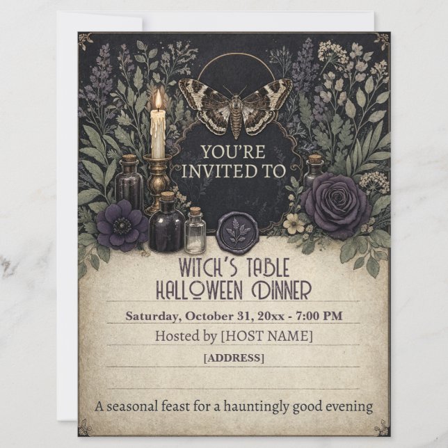 Cardápio de Convite de Halloween da Mesa da Bruxa (Frente)