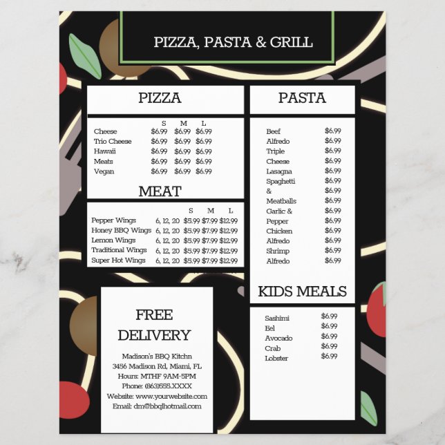 Cardápio de Espaguete do Restaurante Pizza e Massa (Frente)