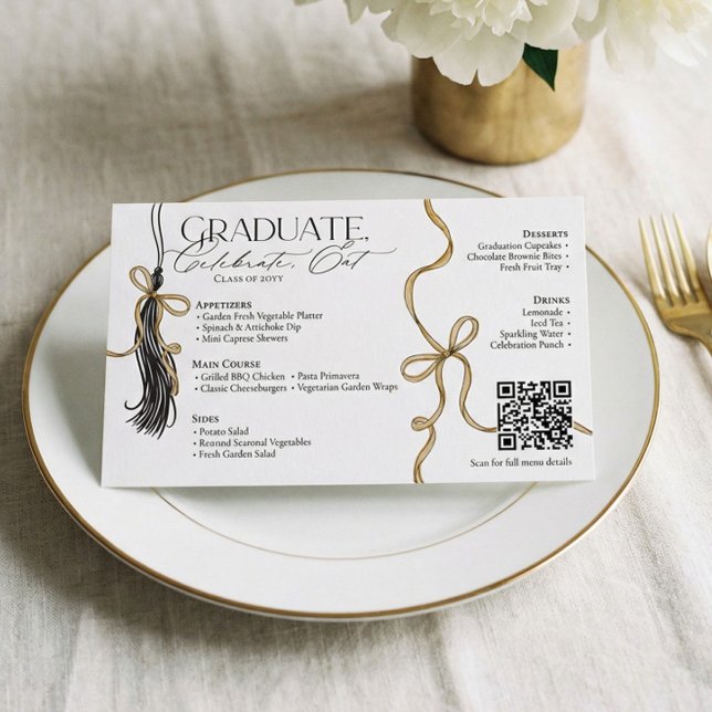 Cardápio de Festa de Formatura com Arco e Borlas d (Elegant Gold Bow Tassel Graduation Dinner Party Flyer)