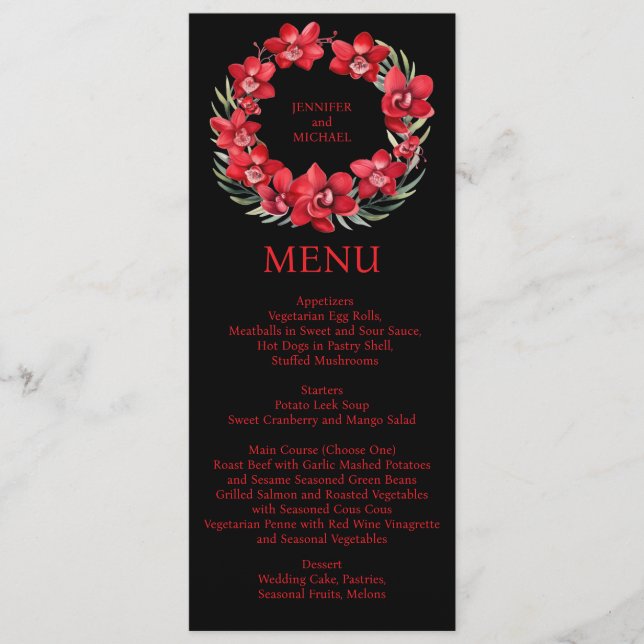 Cardápio de Orquídeas Vermelhas Menu de Casamento (Frente)