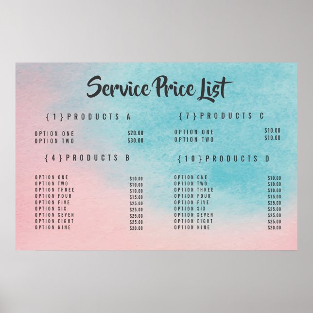 Cardápio de Preços de Serviço Ombre Poster Persona (Frente)