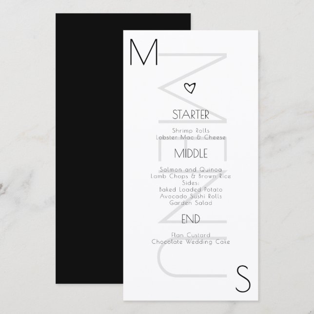 Cardápio Preto Branco de Coração Monogramado para  (Frente/Verso)