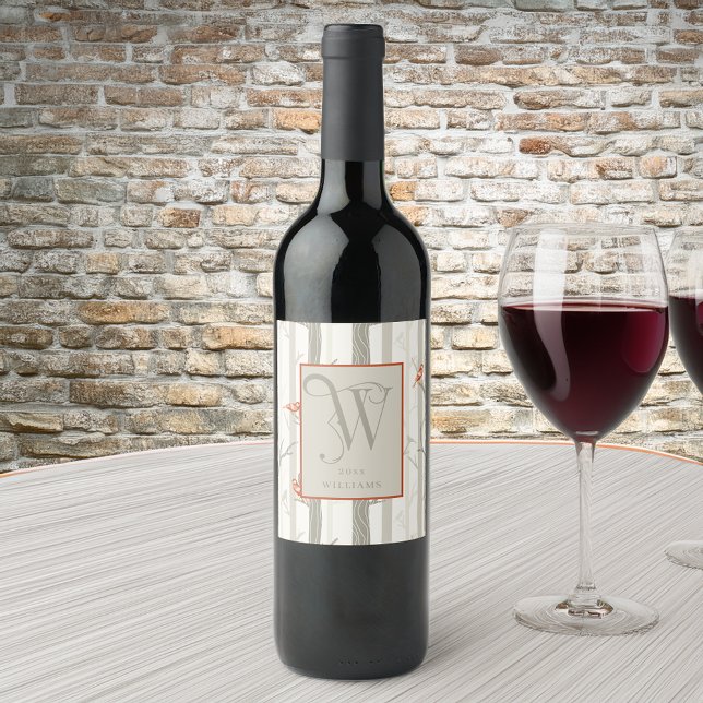 Cardeais divertidos em Árvores de Aves Monograma W (CELEBRATE WITH PERSONALIZED WINE LABELS)
