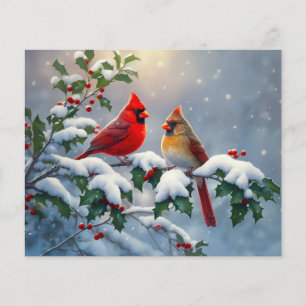 Cardeais Vermelhos e Azevinho na Neve