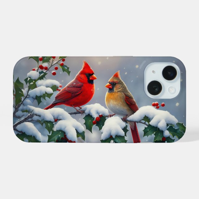 Cardeais Vermelhos e Azevinho na Neve (Verso Horizontal)