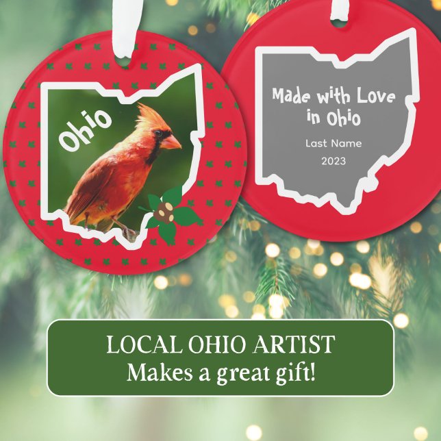 Cardeal de Natal do Orgulho Ohio e Ornamento de Bu (Cardinal in the shape of Ohio and the phrase "Made with Love in Ohio" ornament makes a lovely gift.)