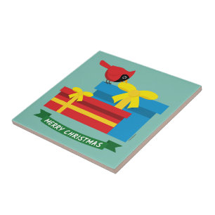 Cardeal Vermelho Cinto Abrindo Um Presente Azul