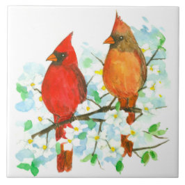Cardinal Birds Dogwood Tree Watercolor