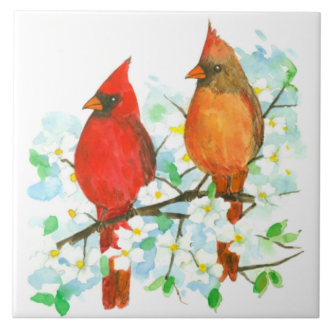 Cardinal Birds Dogwood Tree Watercolor (Frente)
