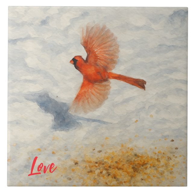 Cardinal em Voo em Aquarela de Inverno (Frente)