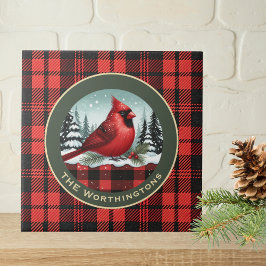 Cardinal Snow n Buffalo Plaid Family Name Monogram