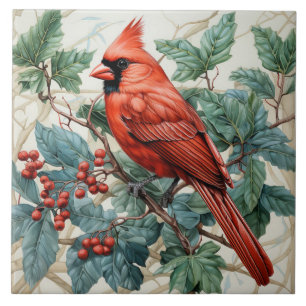 Cardinal Vermelho no Arbusto de Frutas