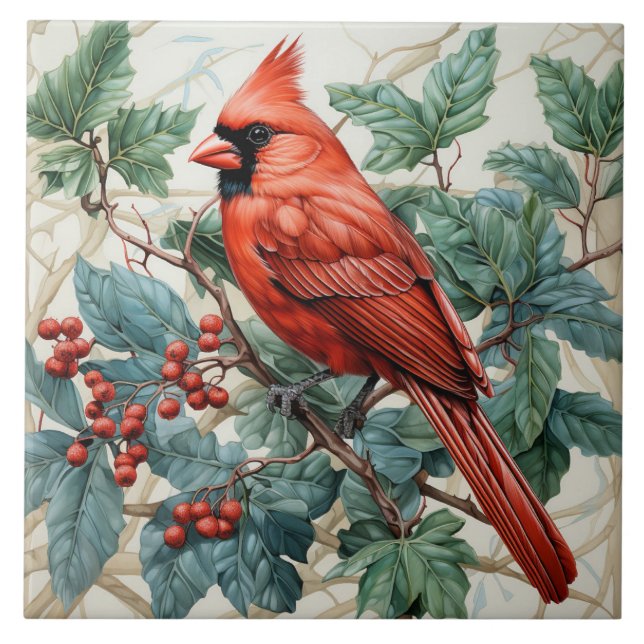 Cardinal Vermelho no Arbusto de Frutas (Frente)