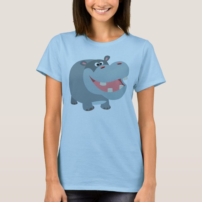 Caricatura Bonita Sorrindo Hippo Mulheres Camiseta (Frente)