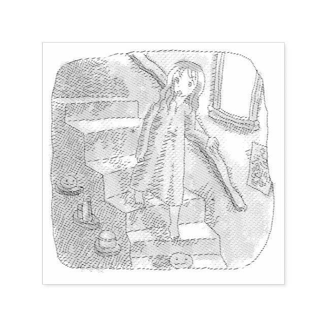 CARIMBO AUTO ENTINTADO さなさにじ  薄暗い水色の下り階段を手すりを持ってゆっくり歩いているワンピースの女性のイラスト (Design)