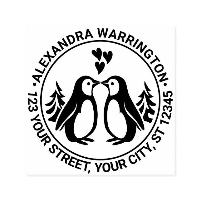 Carimbo Auto Entintado 2 Pinguins Beijando, Corações Nome Endereço de Dev (Design)