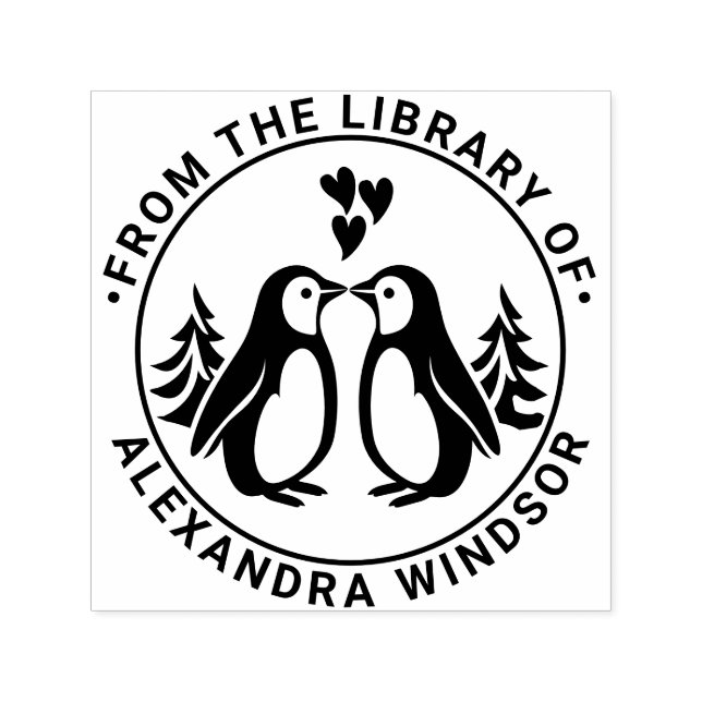 Carimbo Auto Entintado 2 Pinguins Se Beijando, Nome do Livro da Bibliotec (Design)