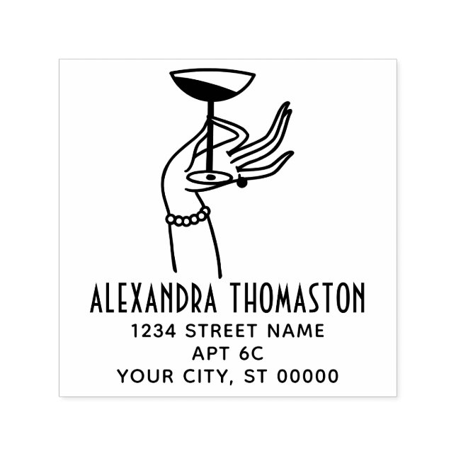 Carimbo Auto Entintado Art Deco Lady Hand Holding Champagne Endereço De V (Design)