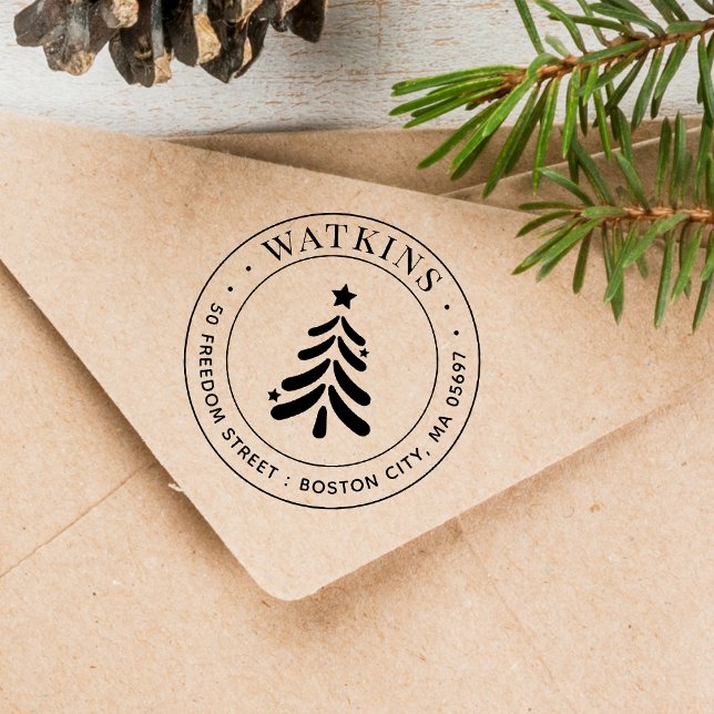 Carimbo Auto Entintado Árvore de Natal Moderna Endereço de Devolução (Modern Christmas Tree Return Address Self-inking Stamp)