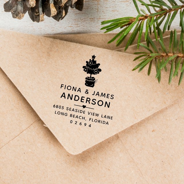 Carimbo Auto Entintado Árvore de Natal Moderna Endereço de Devolução da F (Modern Christmas Tree Family Return Address Self-inking Stamp)